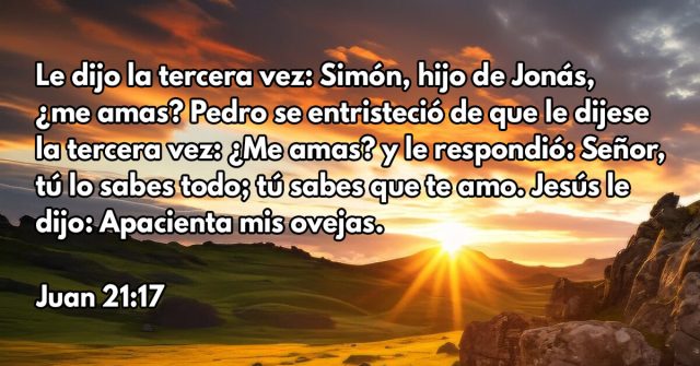 Le dijo la tercera vez: Simón, hijo de Jonás, ¿me amas? Pedro se entristeció de que le dijese la tercera vez: ¿Me amas? y le respondió: Señor, tú lo sabes todo; tú sabes que te amo. Jesús le dijo: Apacienta mis ovejas.